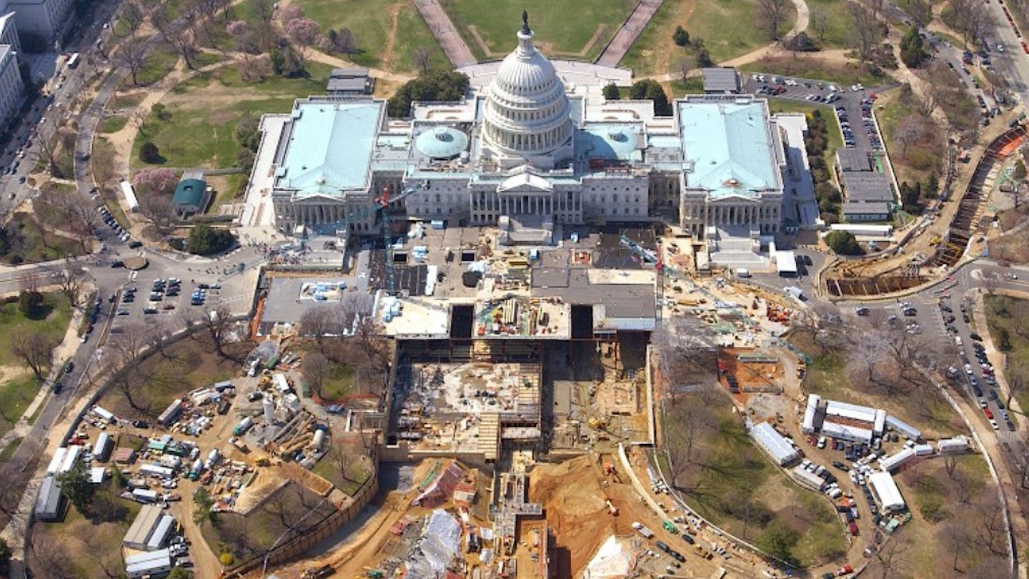An aerial shot of the US Capitol during a major underground expansion project, which including new tunnels, in and out of the building, in 2004.