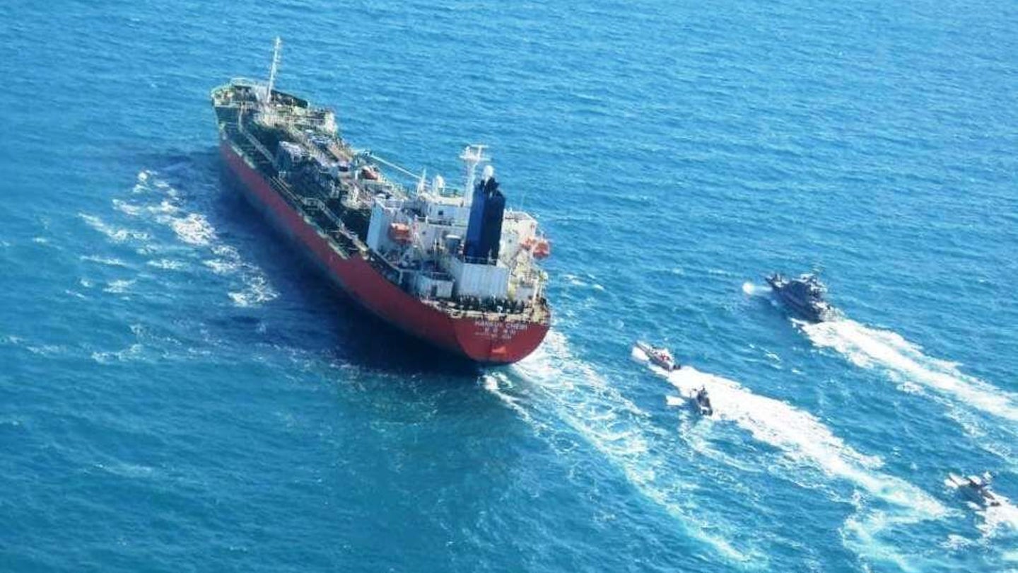 IRGC boats swarm the South Korean-flagged tanker Hankuk Chemi on Jan. 4, 2021.
