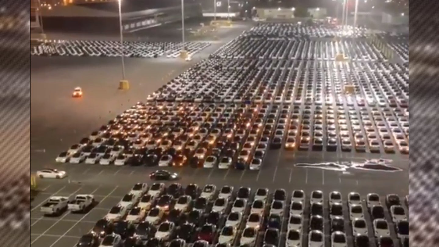 Watch Thousands of Parked Teslas Light Up at the Same Time During an OTA Software Update