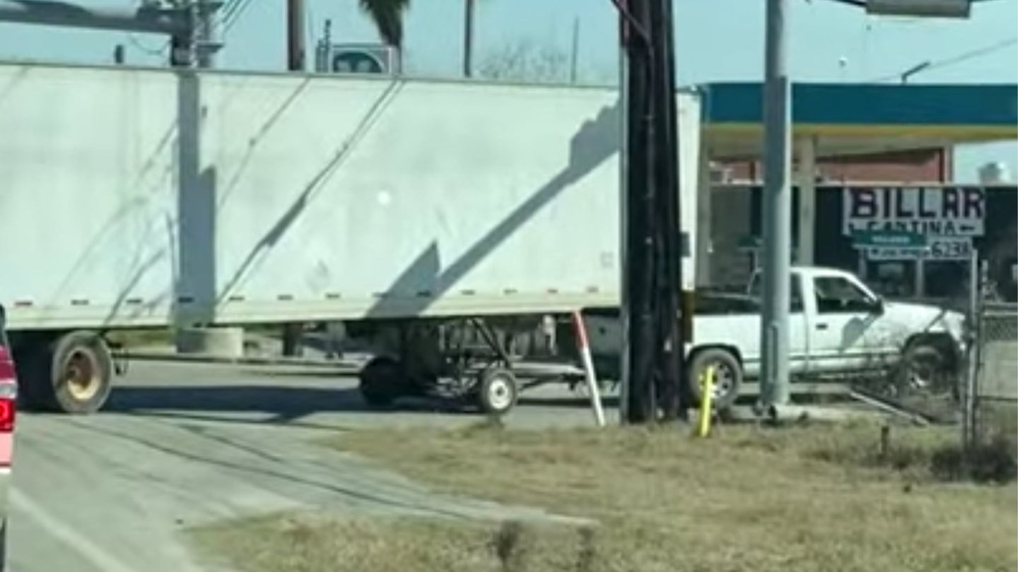 Chevy Pickup Towing 53-Foot Semi Trailer on a Car Dolly Is a Catastrophe Waiting to Happen