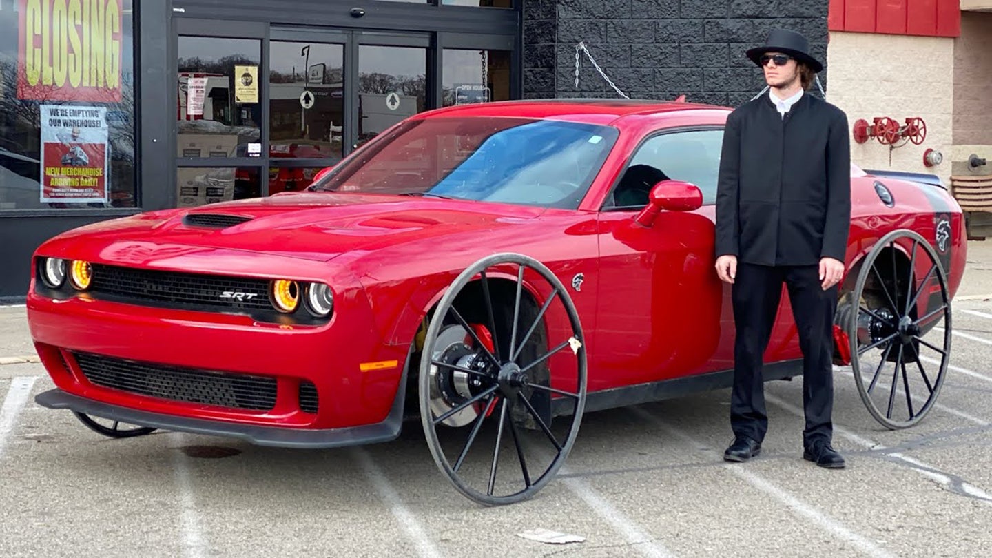 YouTuber Slaps Amish Buggy Wheels on a Dodge Challenger Hellcat—and It Really Works