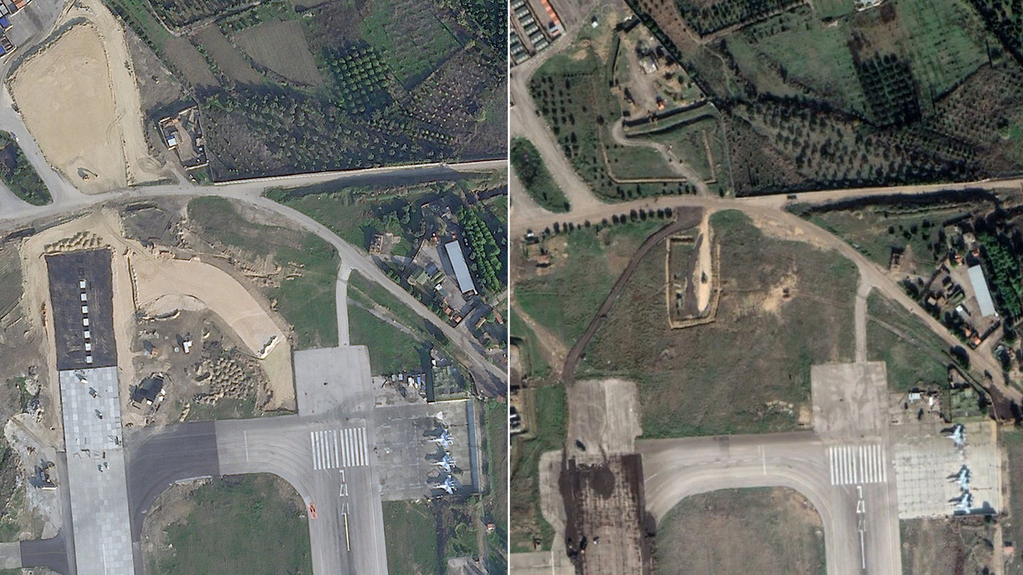 Side-by-side satellite images of Khmeimim air base in Syria.