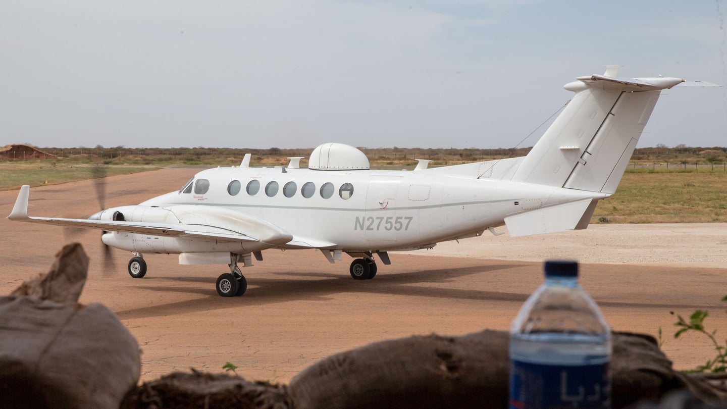 A Beechcraft King Air aircraft with the US civil registration number N27557 taxies at Baledogle Military Airfield in Somalia in January 2021.