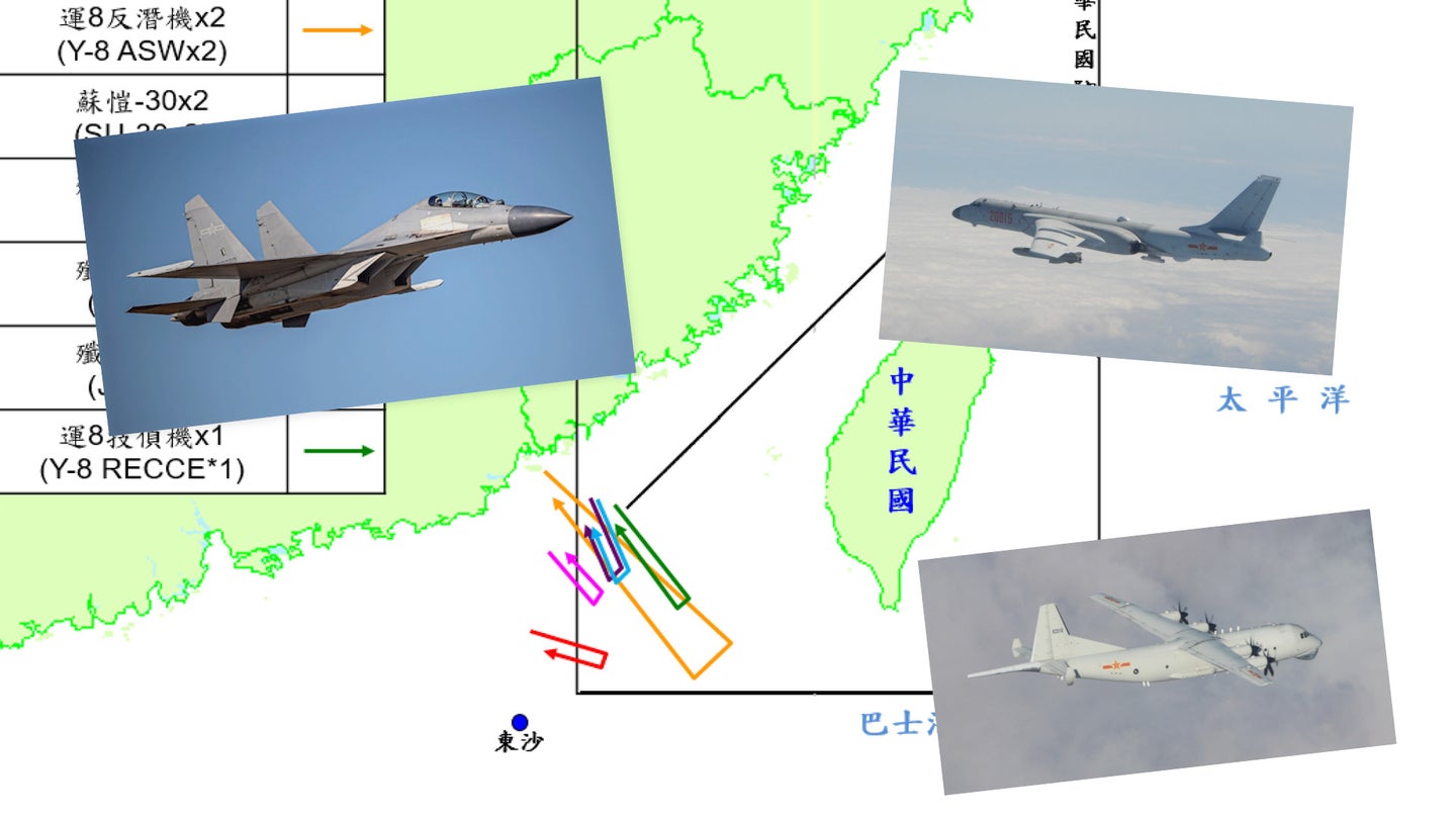 A composite showing recent routes flown by Chinese military aircraft inside Taiwan's Air Defense Identification Zone.