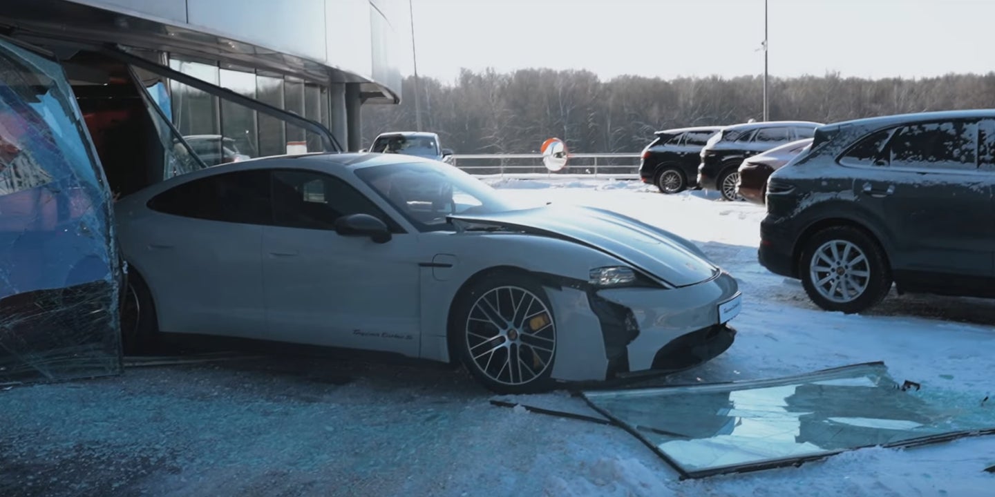 Russian Vlogger Shows Off Porsche Taycan’s Instant Torque by Smashing Through Dealership Window