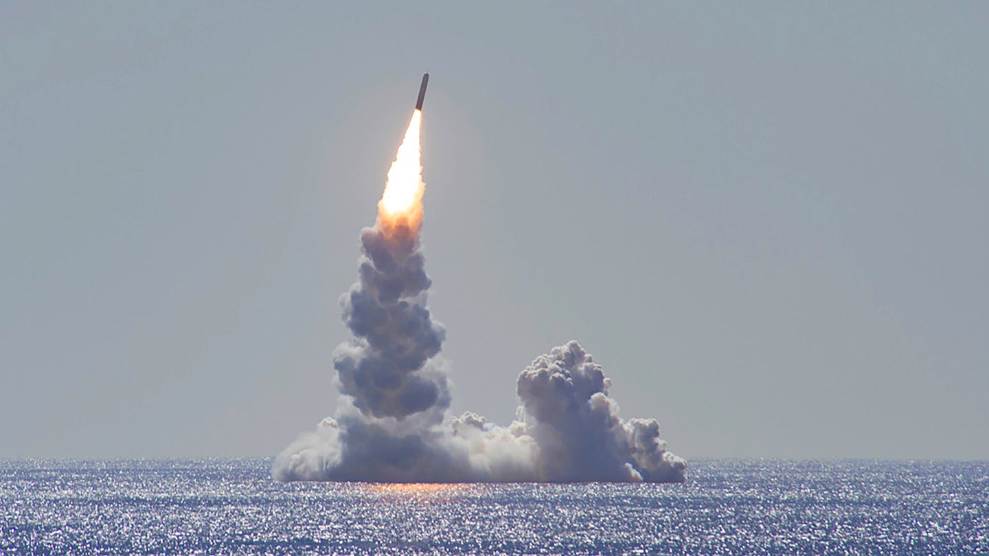 A Trident missile flies away during a test prior to the one on Feb. 9, 2021.