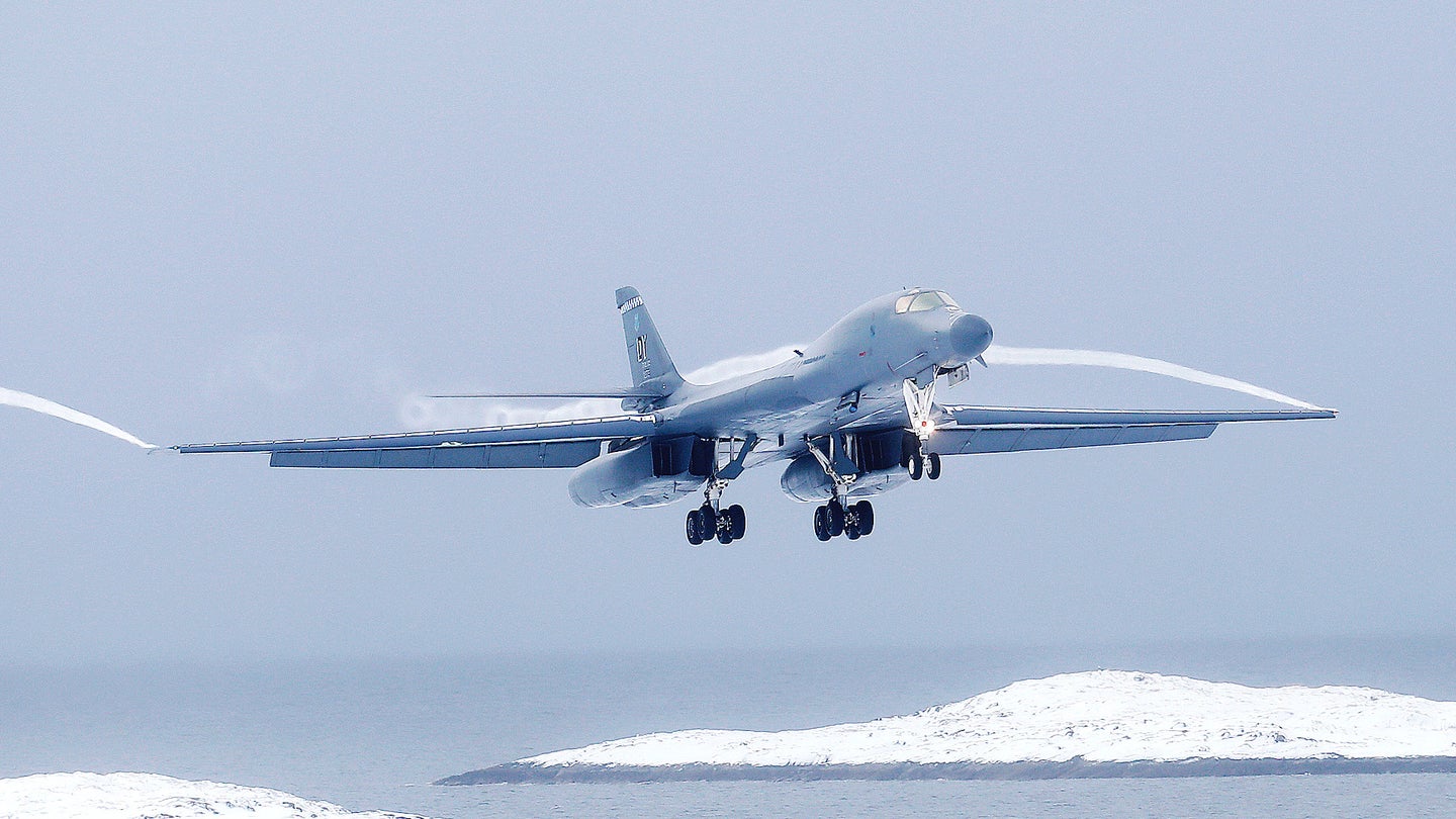 A B-1B bomber comes in to land at Bodø Main Air Station on March 7, 2021.