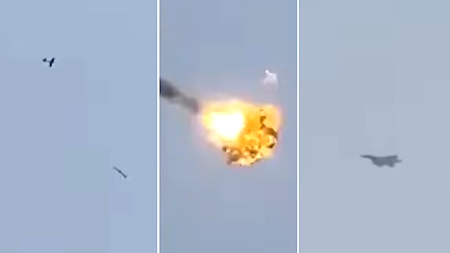 Frames from a video shot from the ground showing a Saudi F-15 fighter jet shooting down a Houthi suicide drone.