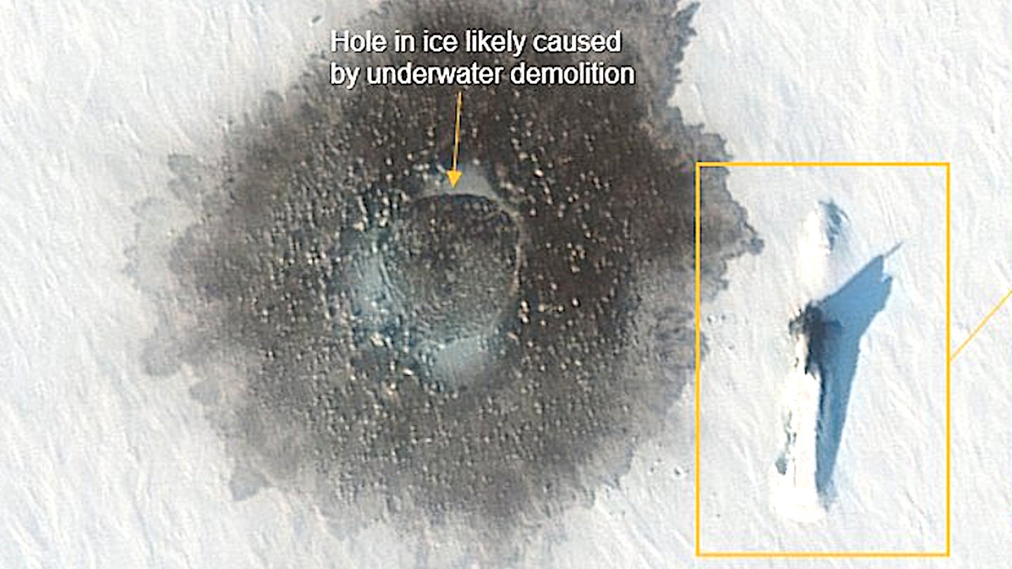 Russian Submarine Surfaced Beside Huge Hole Blown Open In The Ice Seen In Satellite Imagery