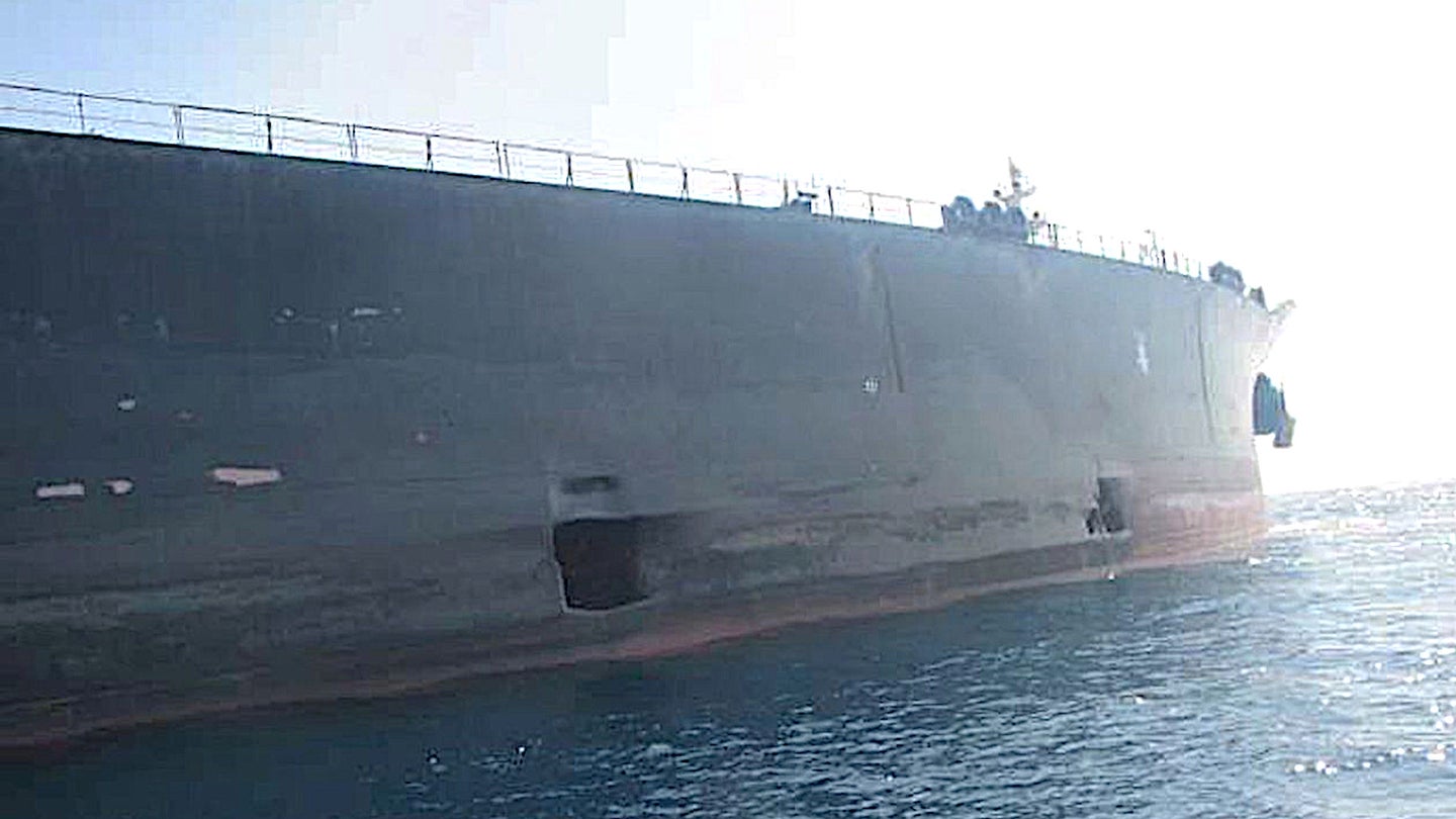 A picture showing the aftermath of an alleged attack, which Israel may have carried out, on the Iranian oil tanker Sabiti in October 2019.