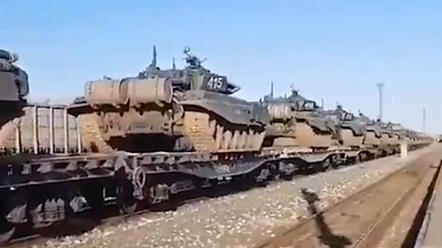 A still from a video reportedly showing a trainload of tanks in southwestern Russia headed in the direction of the border with Ukraine.