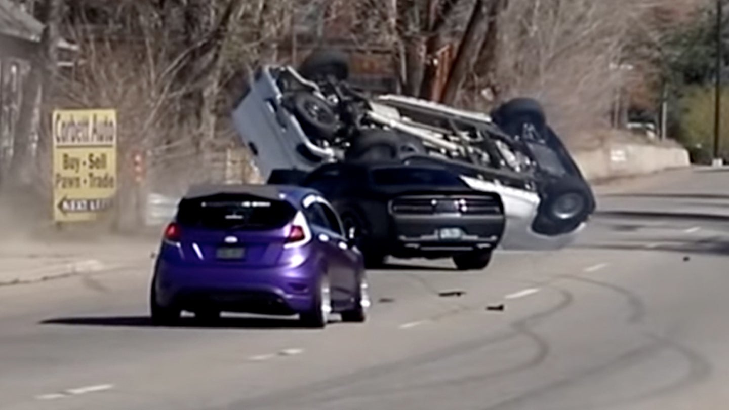 Dodge Challenger Hellcat Driver Demolishes Passing Truck in Idiotic Cars and Coffee Crash