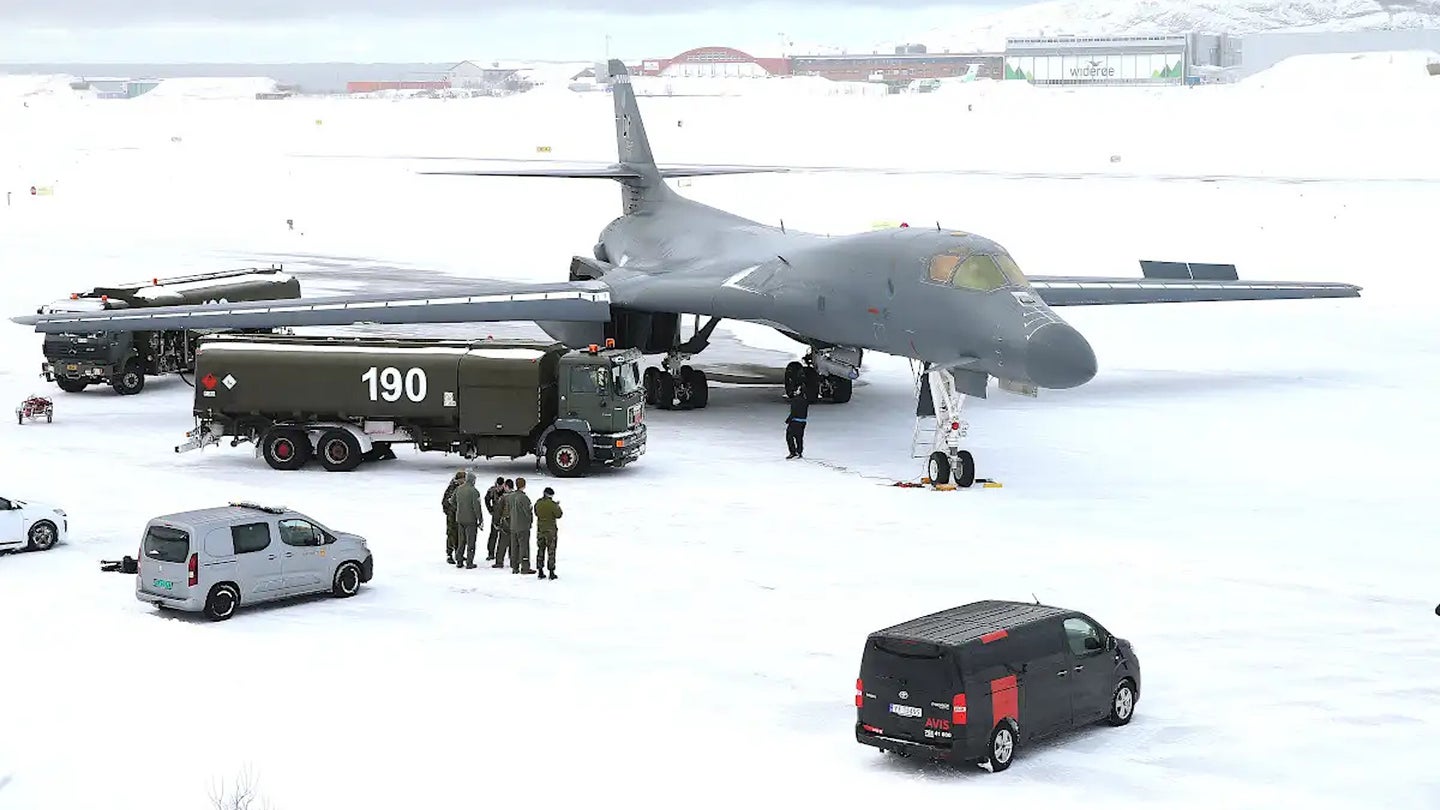 A B-1B bomber assigned to the 7th Bomb Wing on the ground at Bodø Main Air Station in Norway in March 2021.