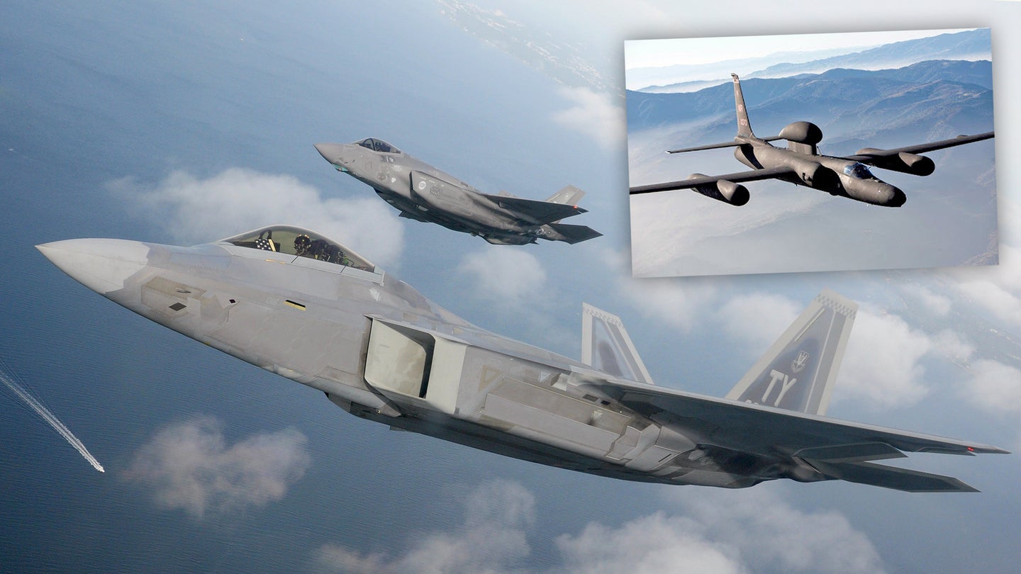 A US Air Force F-22 Raptor, in front, flies together with one of the service's F-35A Joint Strike Fighters. The inset shows a U-2S Dragon Lady spyplane.