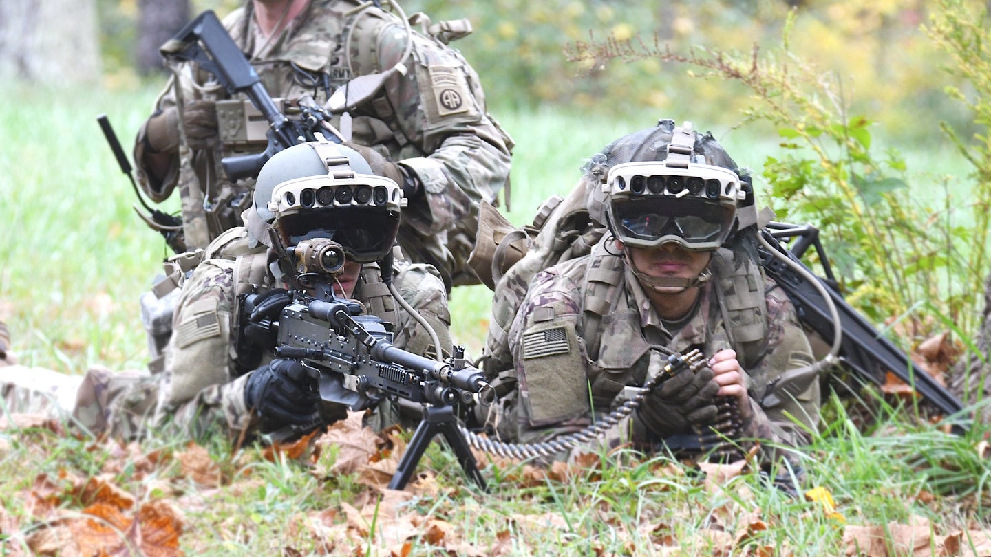 US Army soldiers conduct a test of the Integrated Visual Augmentation System (IVAS).