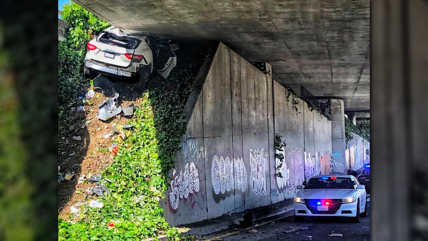 Maserati Driver Wedges Levante Under Highway Overpass at Over 100 MPH While Running From Cops