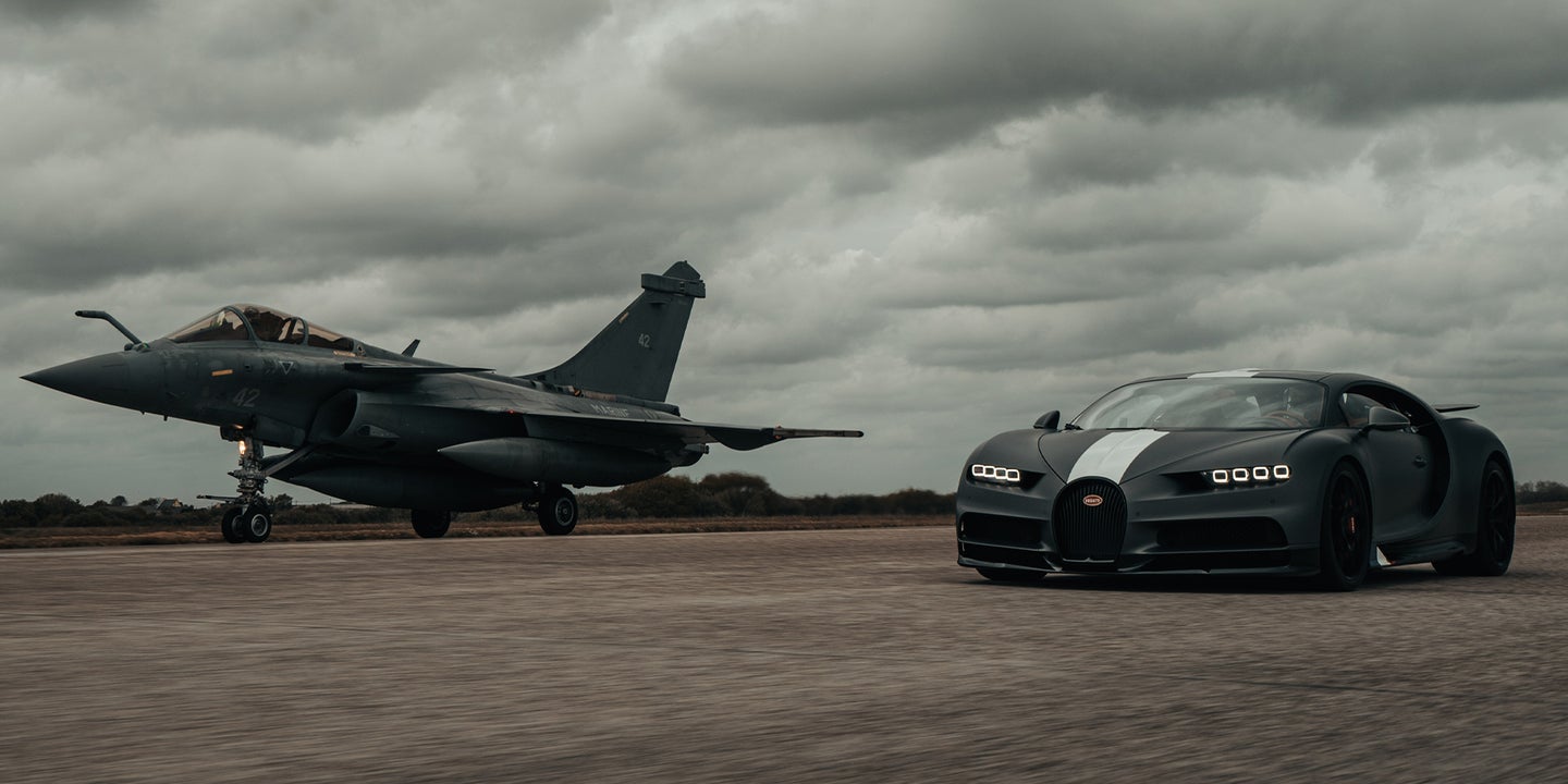 Watch the 1,479-HP Bugatti Chiron Sport Drag Race a French Fighter Jet