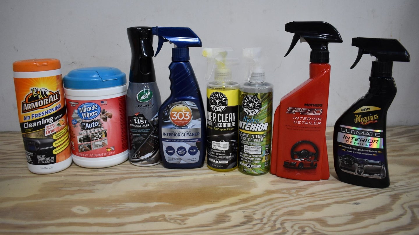 Various Car Interior Cleaners on a wooden table