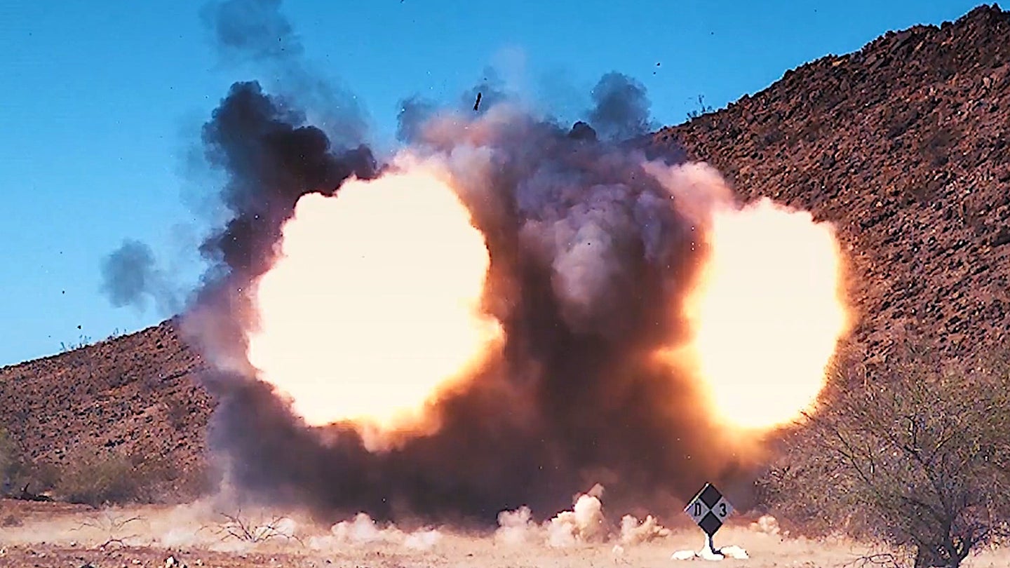 A target explodes after being hit by a Spike-NLOS missile in a US Army test.