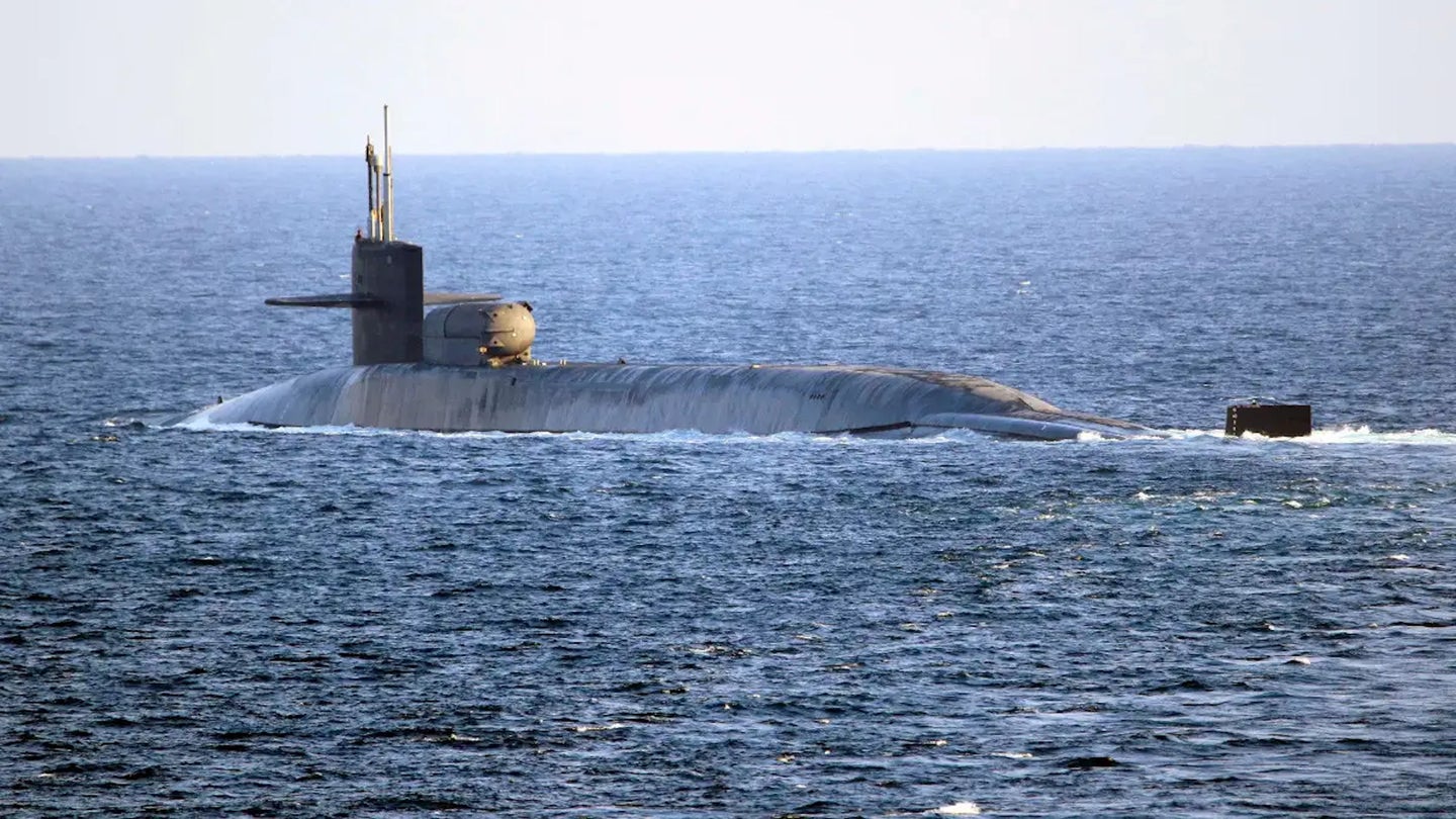 The Ohio class guided missile submarine USS Goergia sails in the Strait of Hormuz in December 2020.