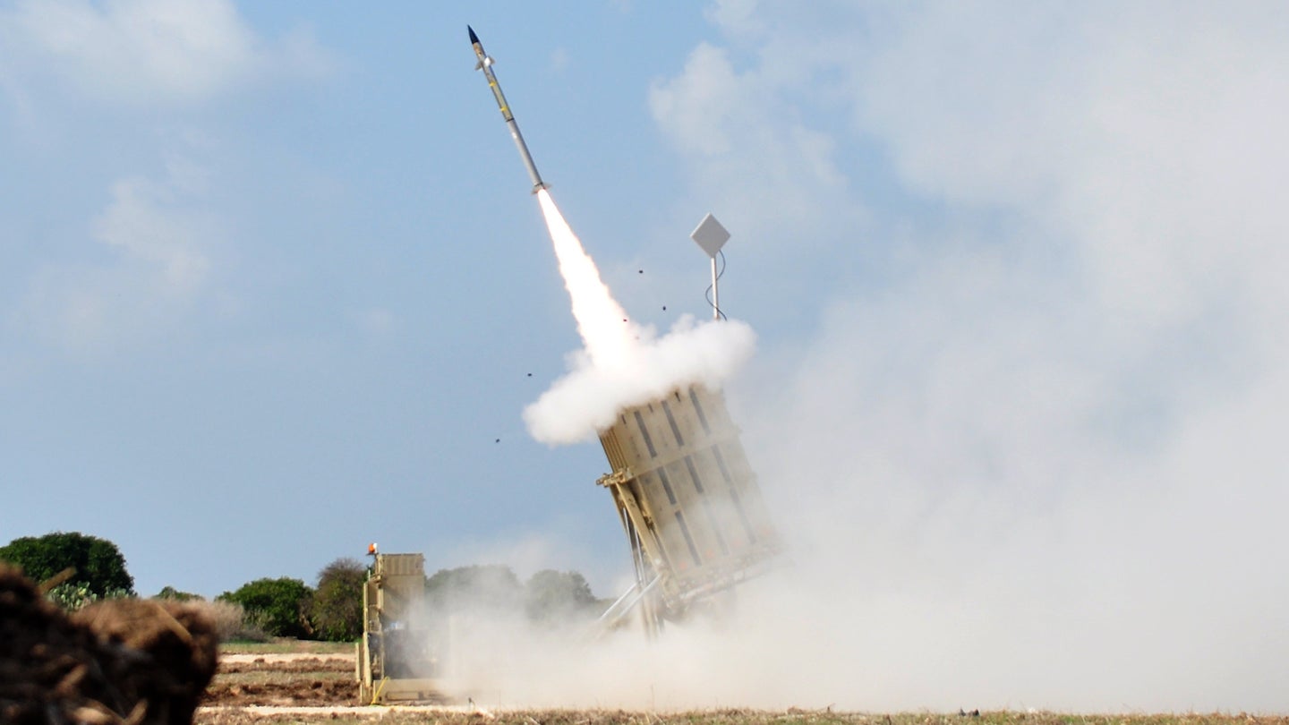 A Tamir interceptor is fired from an Iron Dome launcher.
