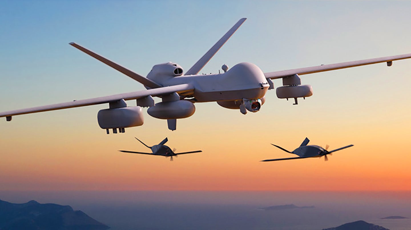 An artist's conception of an MQ-9 Reaper carrying, among other things, a previously undisclosed smaller unmanned aircraft capable of being launched in mid-air.