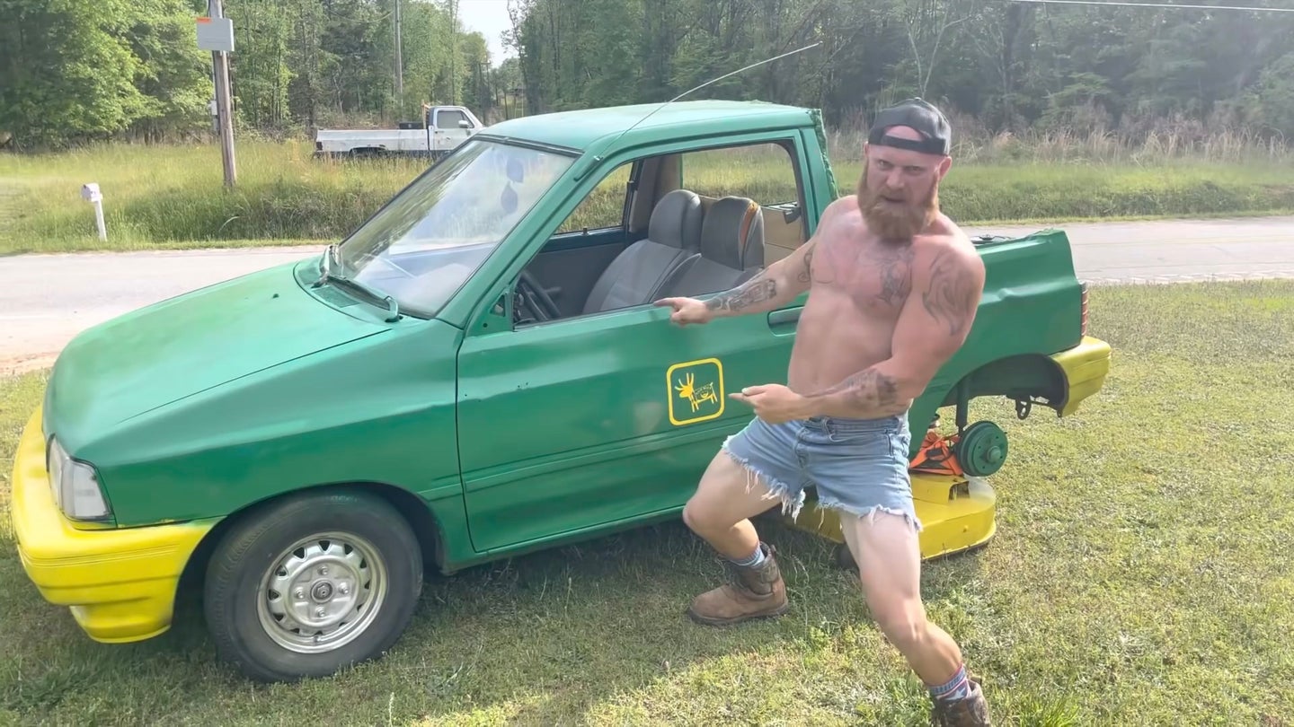 YouTuber&#8217;s Ford Festiva-Based Lawn Mower Has Two Engines, Two Seats, and One Purpose