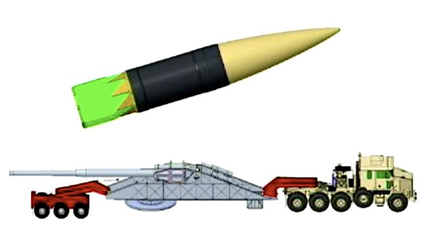 A graphic showing a notional design for the US Army Strategic Long Range Cannon.