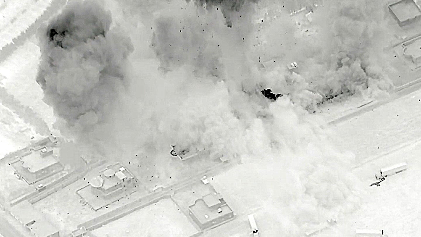 A screengrab from footage US Central Command released of a strike on a facility operated by Iranian-backed militias in As Sisak, Syria.