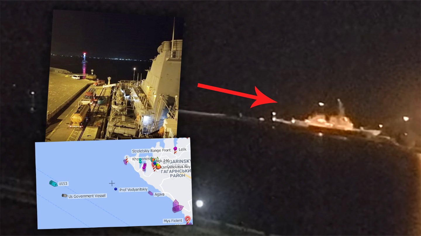 A screen grab from an publicly accessible webcam showing the Arleigh Burke class destroyer USS Ross in port in the Ukrainian city of Odesa at the time online tracking data said it was sailing in the Black Sea off Crimea.