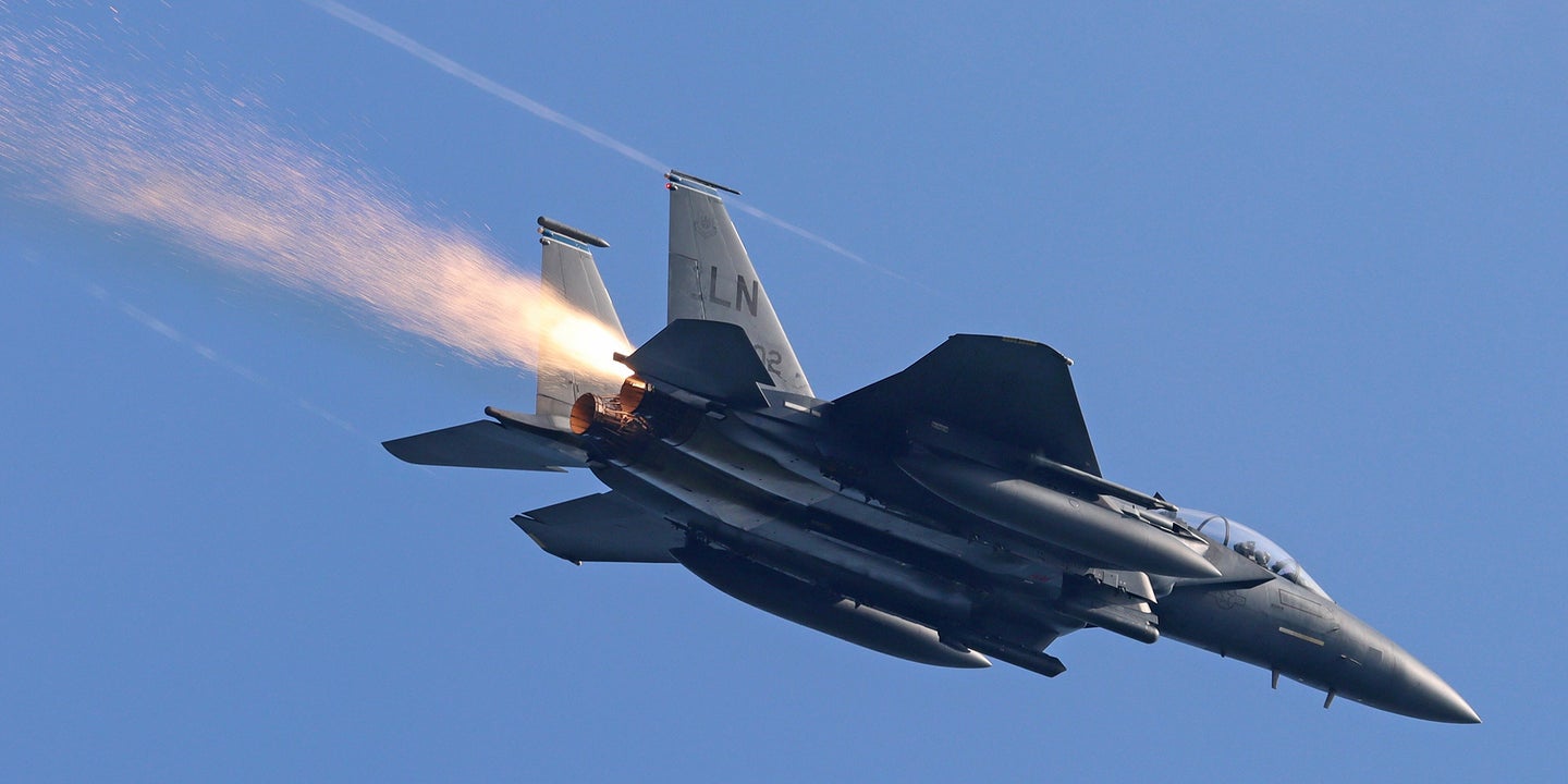 Check Out This F-15E Strike Eagle Spewing Sparks After Takeoff