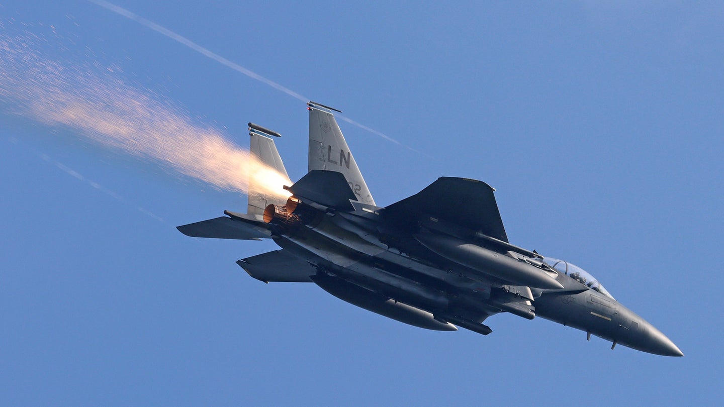 Check Out This F-15E Strike Eagle Spewing Sparks After Takeoff