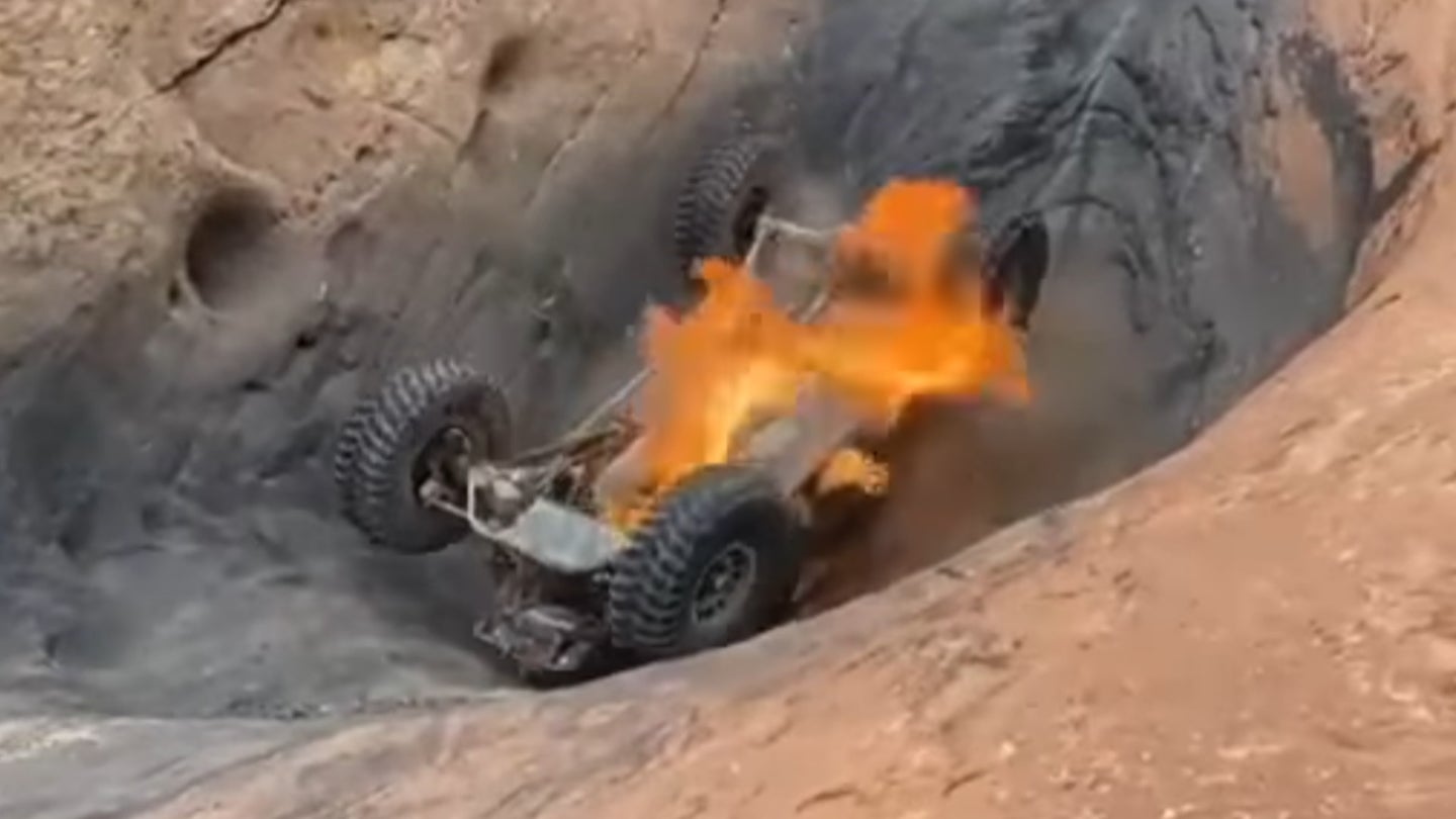 Rock Crawler Flips, Catches Fire Instantly After Attempting Moab Obstacle in Reverse