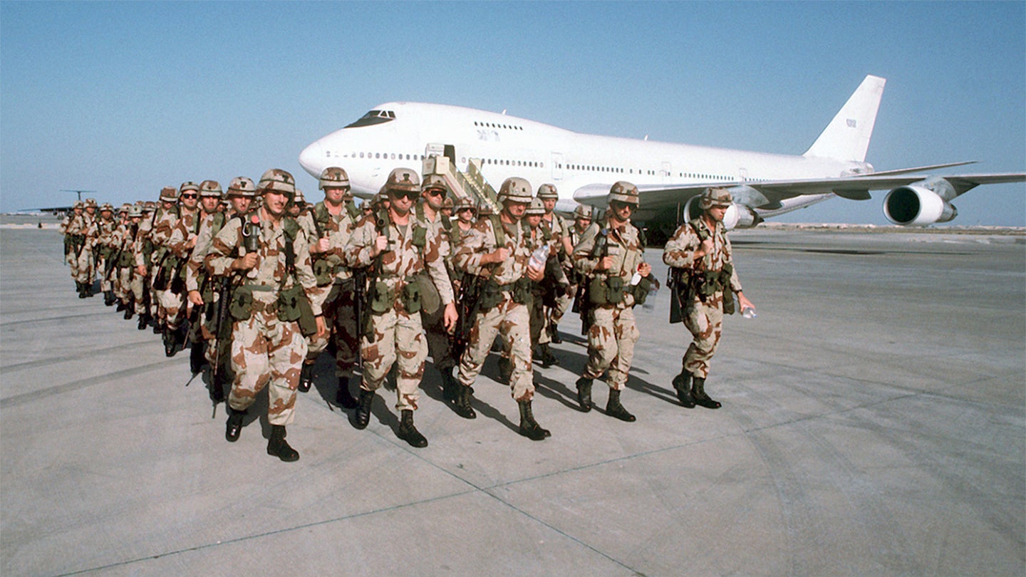 US troops in Saudi Arabia after arriving on a Civil Air Reserve Fleet Boeing 747 during Operation Desert Shield in 1990.