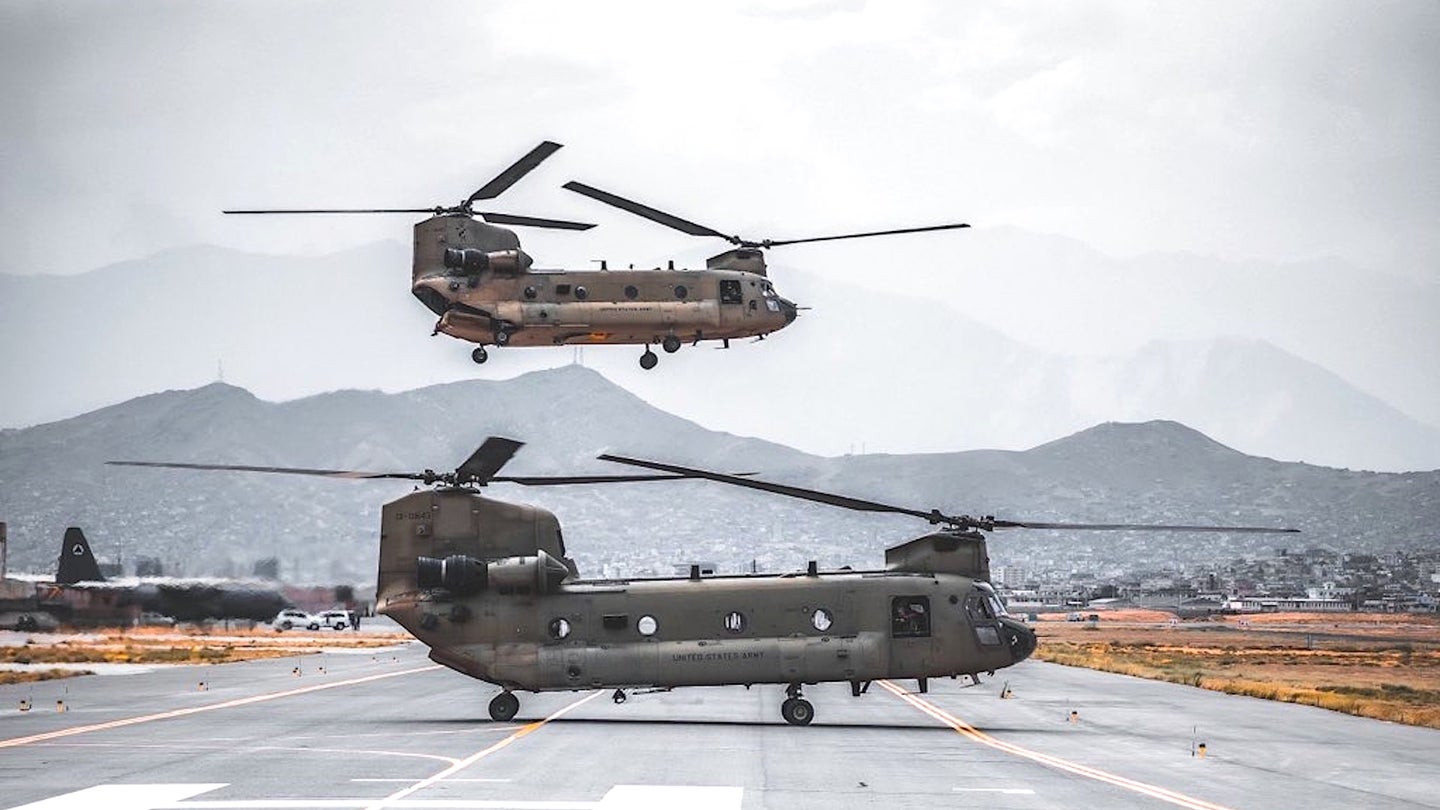 US Army CH-47F Chinook helicopters at Hamid Karzai International Airport in Kabul supporting the evacuation operations in August 2021.