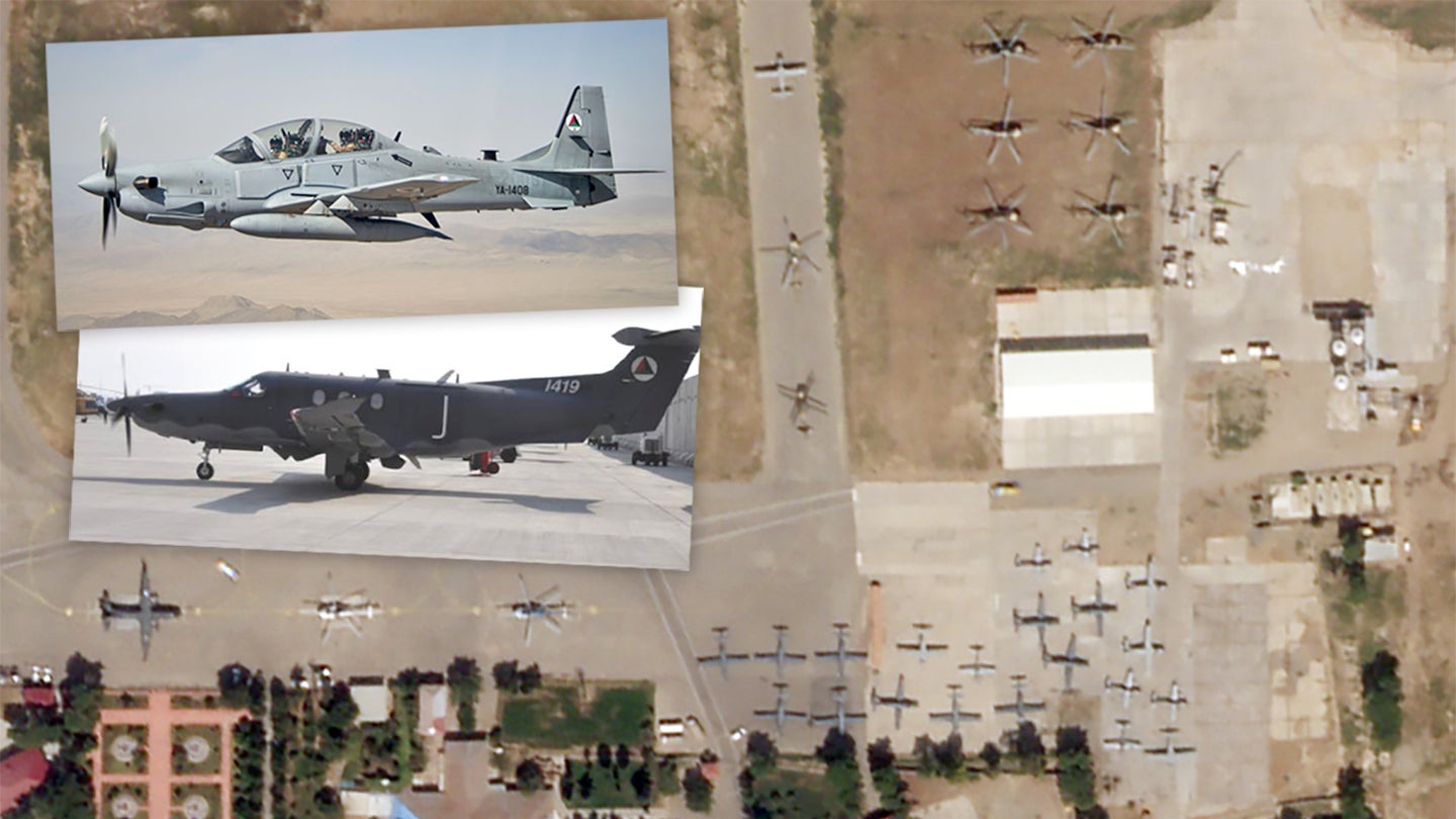 A satellite image showing former Afghan military aircraft at Termez Airport in Uzbekistan, with inset pictures of an A-29 Super Tucano and a PC-12NG.