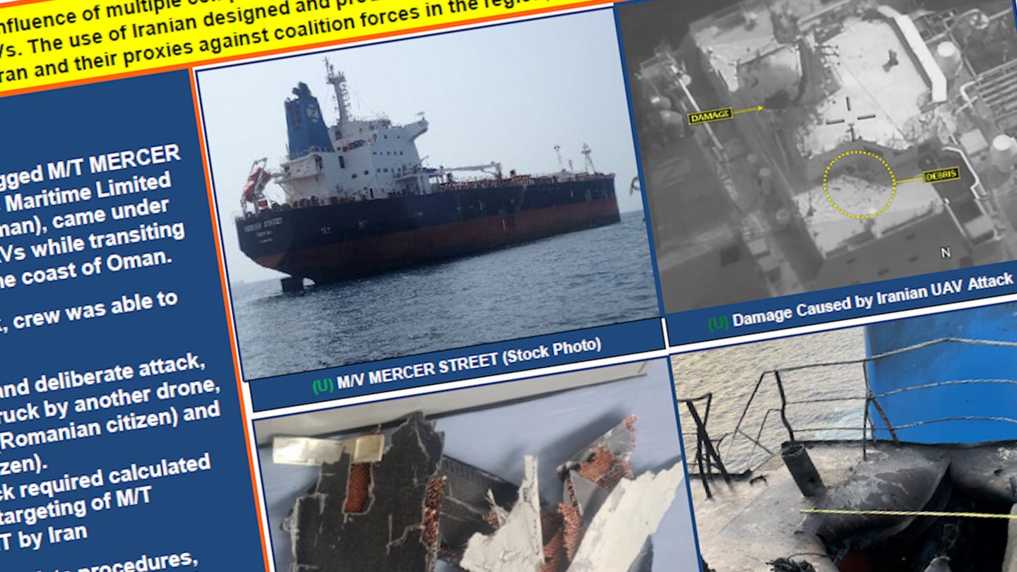 A slide from a presentation US Central Command released regarding the fatal drone attack on the M/T Mercer Street tanker in July 2021, for which Iran has been blamed.