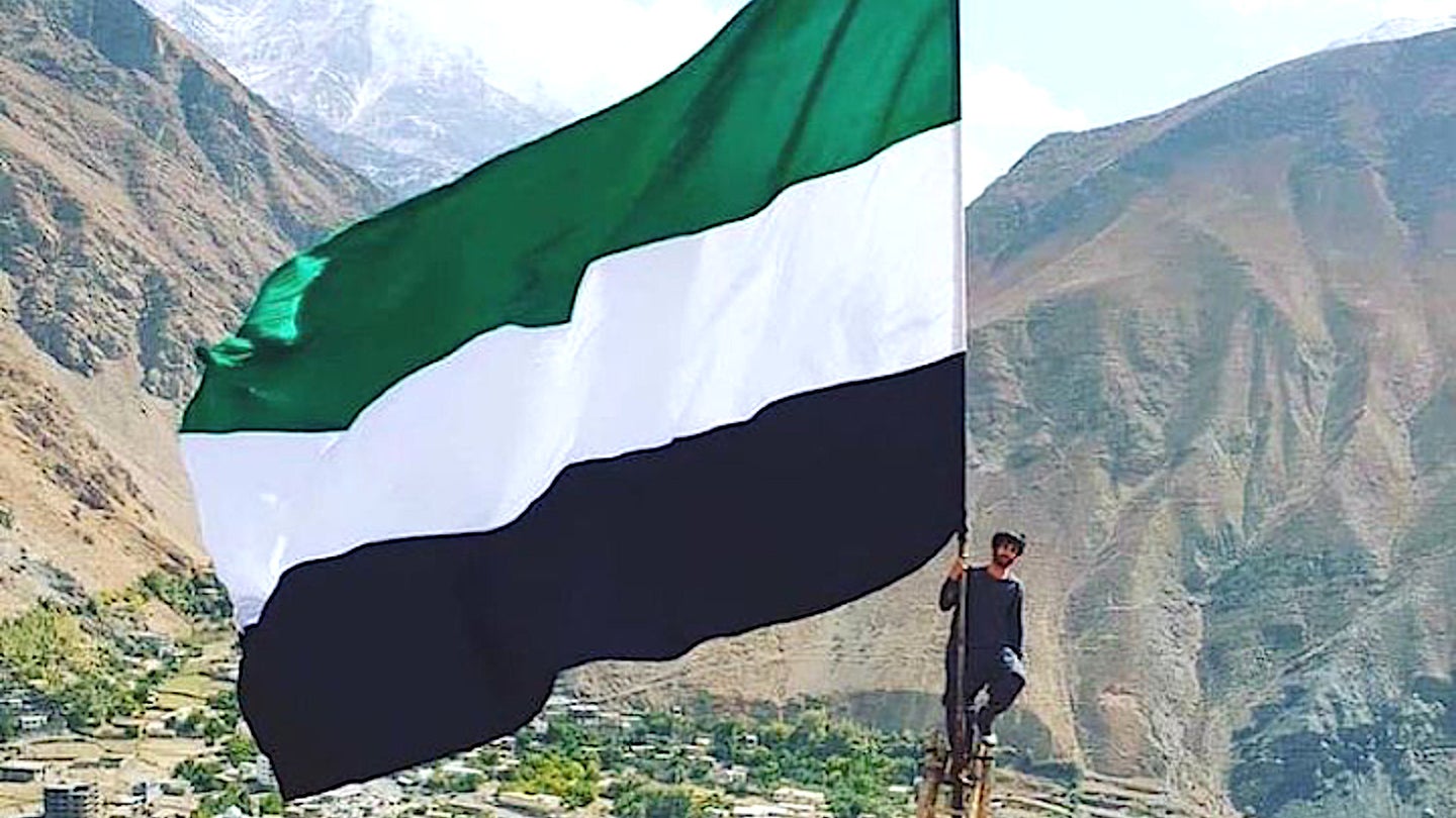 A picture reportedly showing the flag of the Northern Alliance flying again in the Panjshir Valley following the fall of Kabul to the Taliban in August 2021.