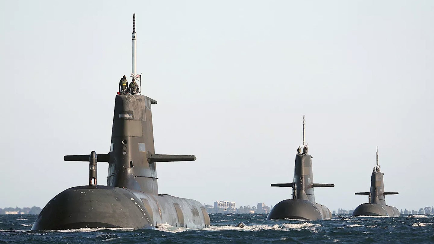 A trio of Royal Australian Navy Collins class diesel-electric attack submarines.