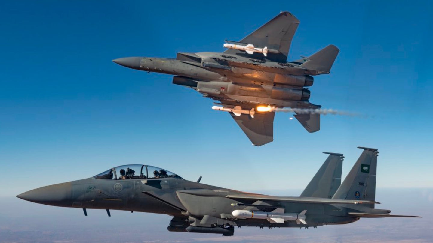 Watch Saudi F-15 Strike Eagles Unleash Harpoon Missiles Against Ship Targets