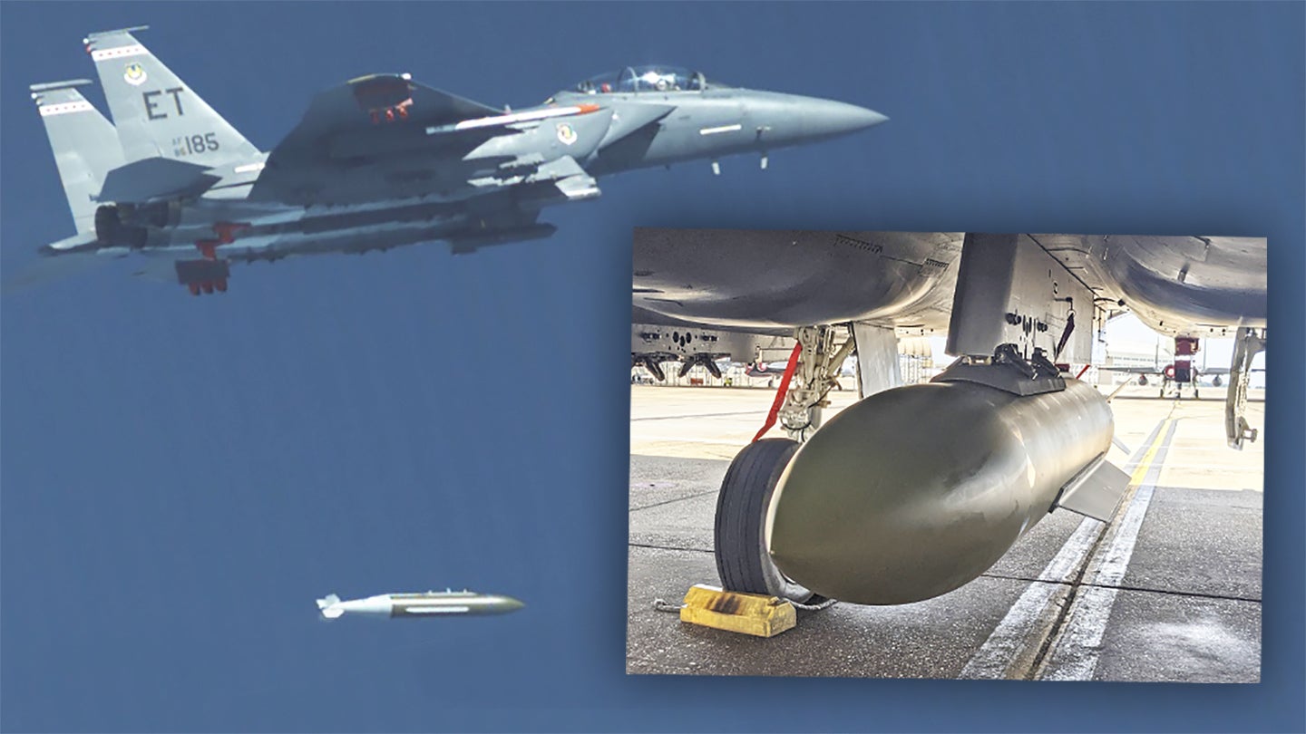 A picture of a prototype GBU-72/B bunker-buster bomb, with an inset showing an F-15E Strike Eagle combat jet dropping one during a test.