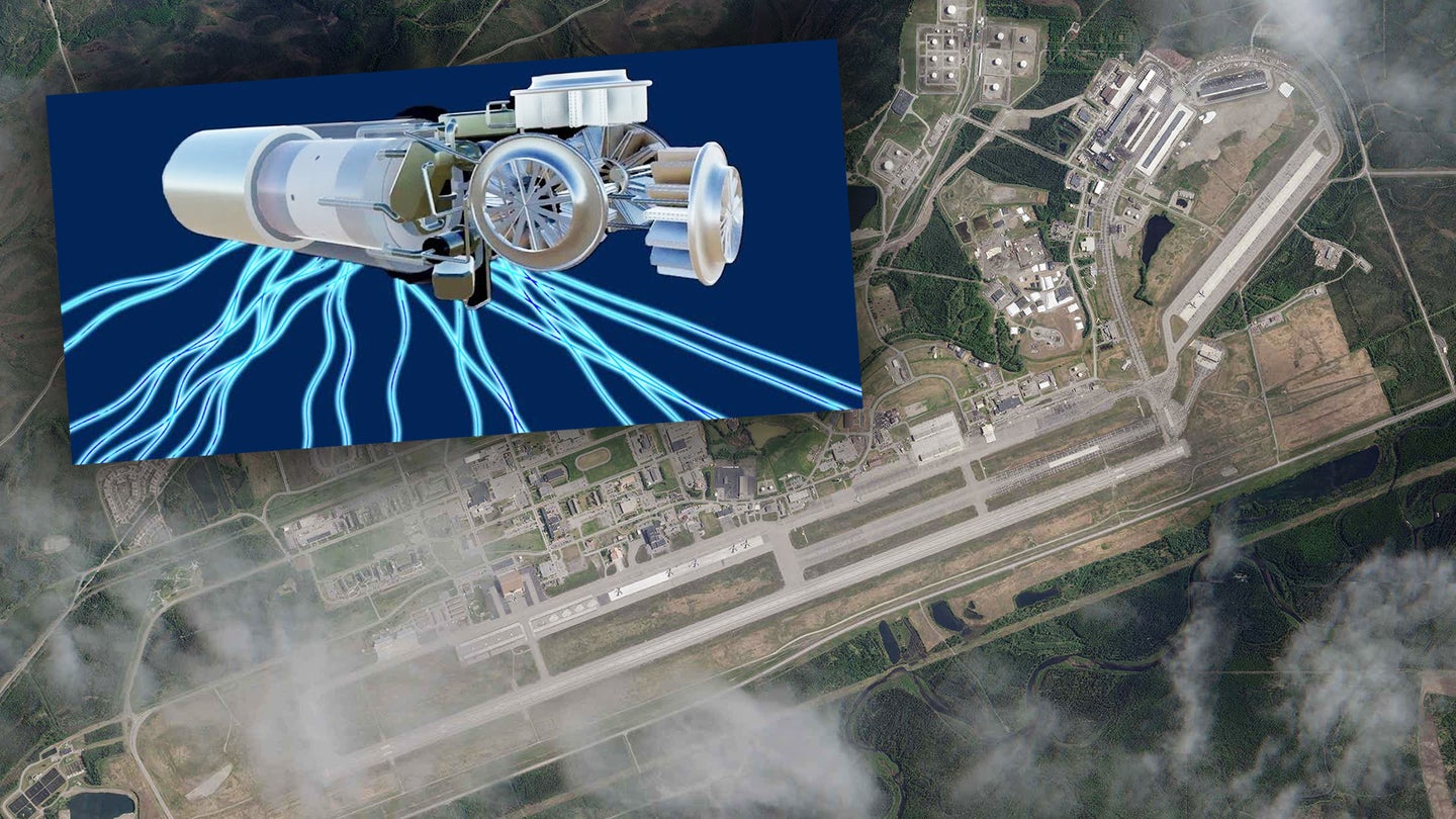 Et satellittbilde av Eielson Air Force Base i Alaska med et innfelt som viser et tenkt lite atomreaktordesign.