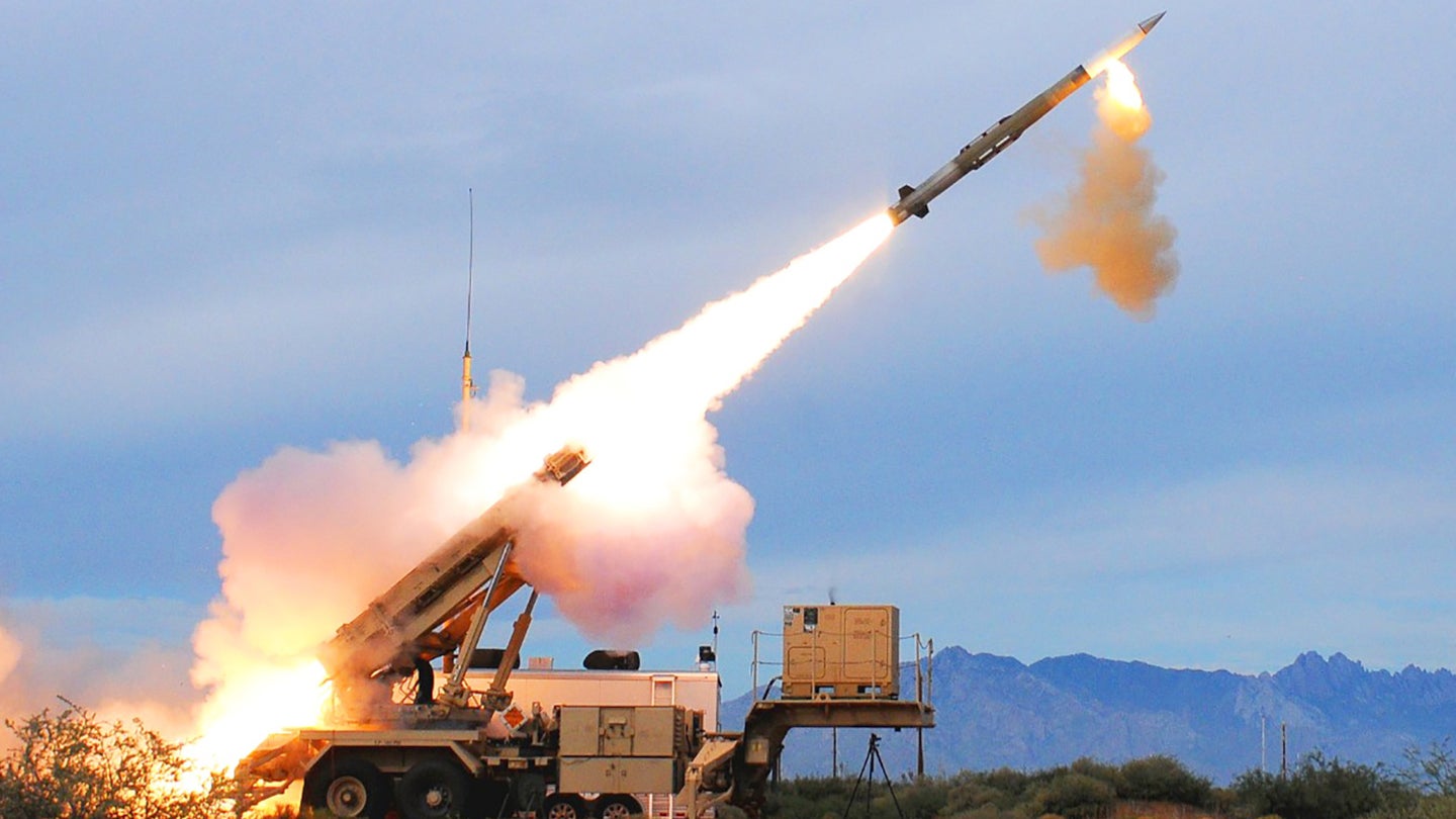 A Patriot surface-to-air missile system seen firing a PAC-3 interceptor.