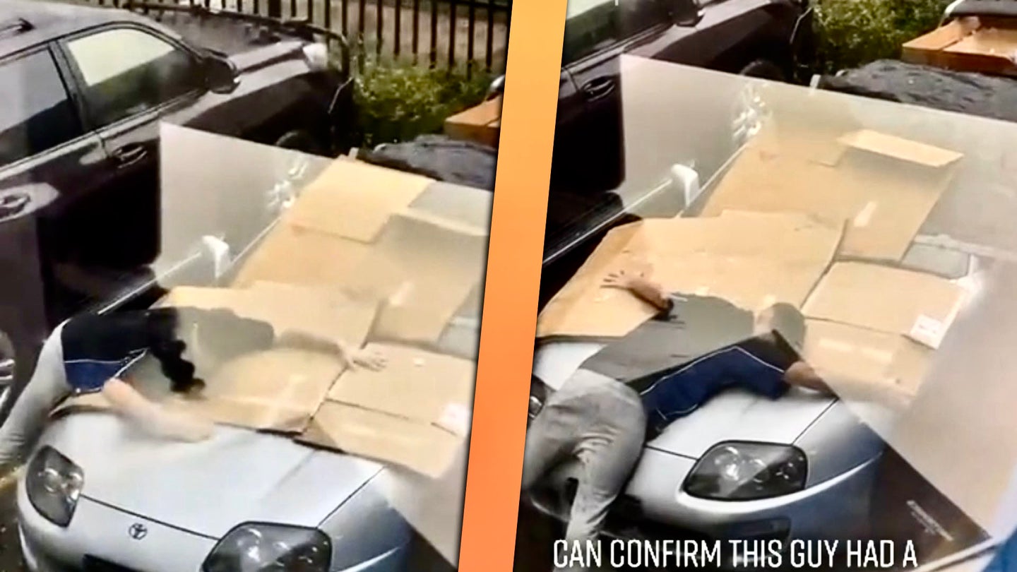 Man Uses Own Body to Defend Toyota Supra From Hail Storm