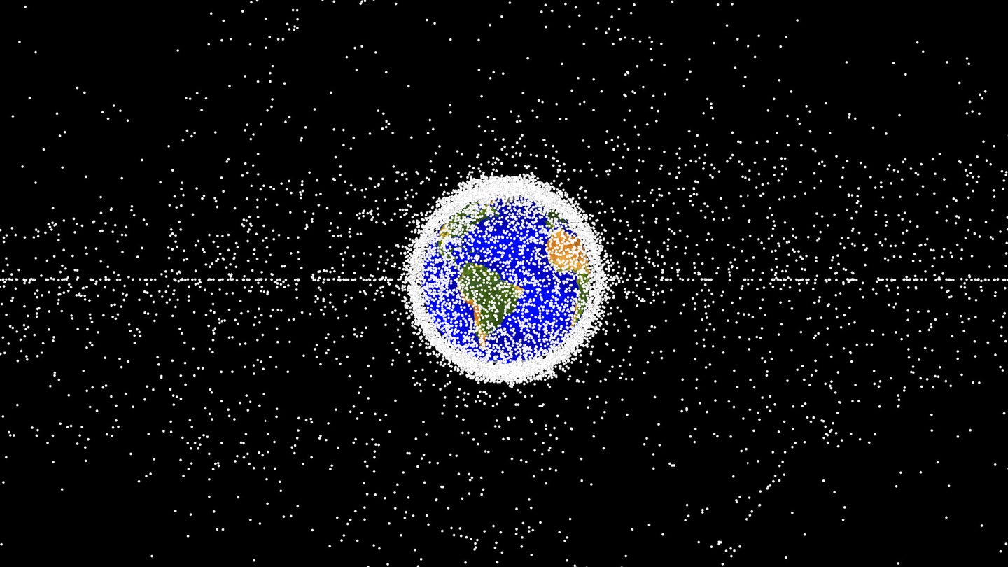 A graphical depiction of all of the objects currently orbiting the Earth.