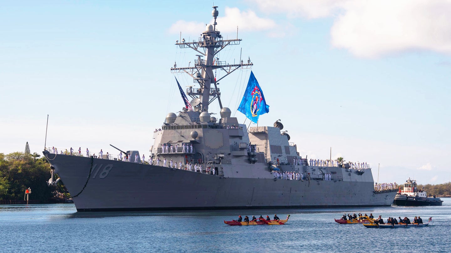 Navy’s Newest Destroyer Was Just Commissioned Flying A Giant “Go For Broke” Flag
