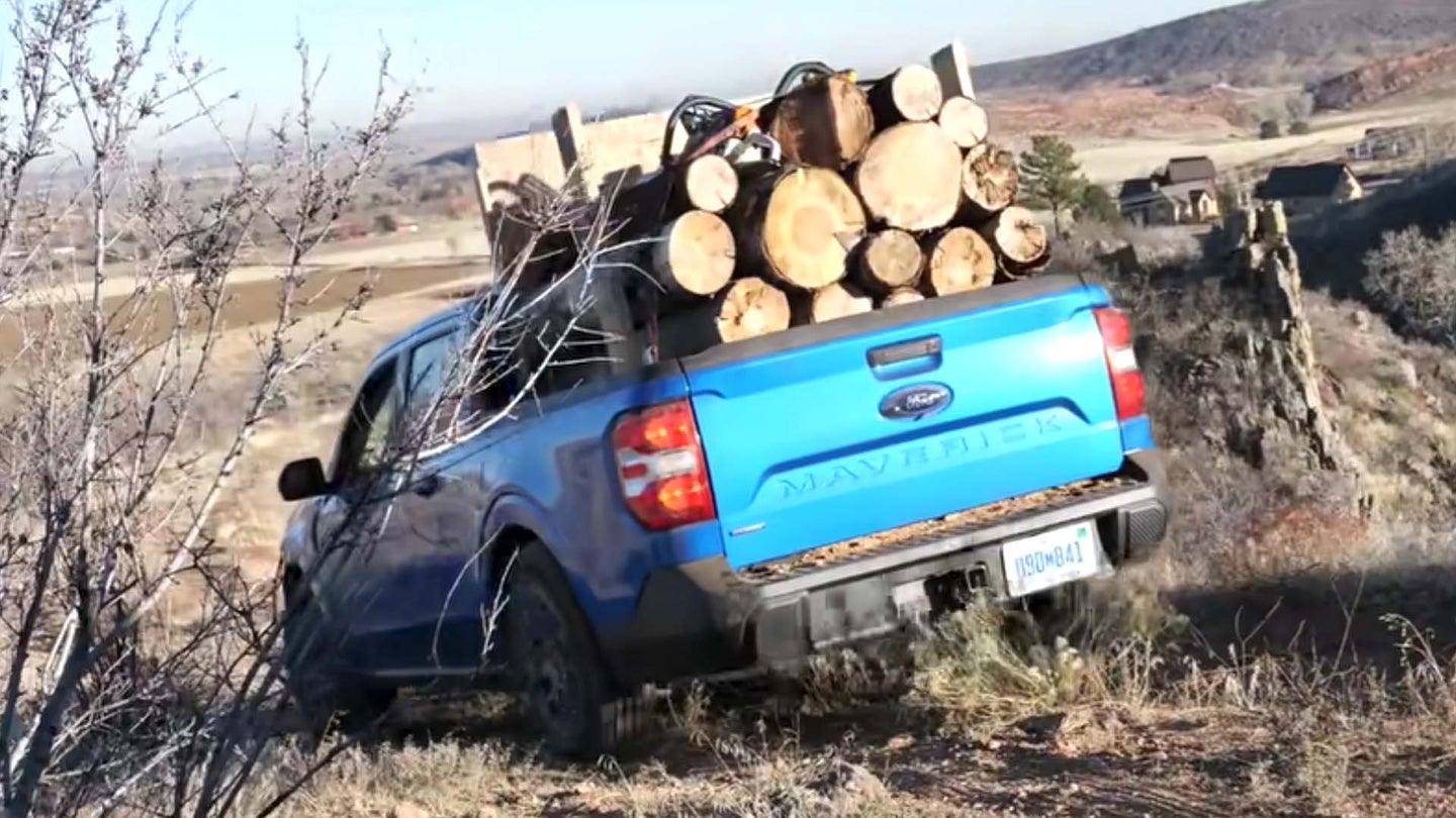 Watch the FWD Ford Maverick Hybrid Haul 1,300 Pounds of Logs in the Bed
