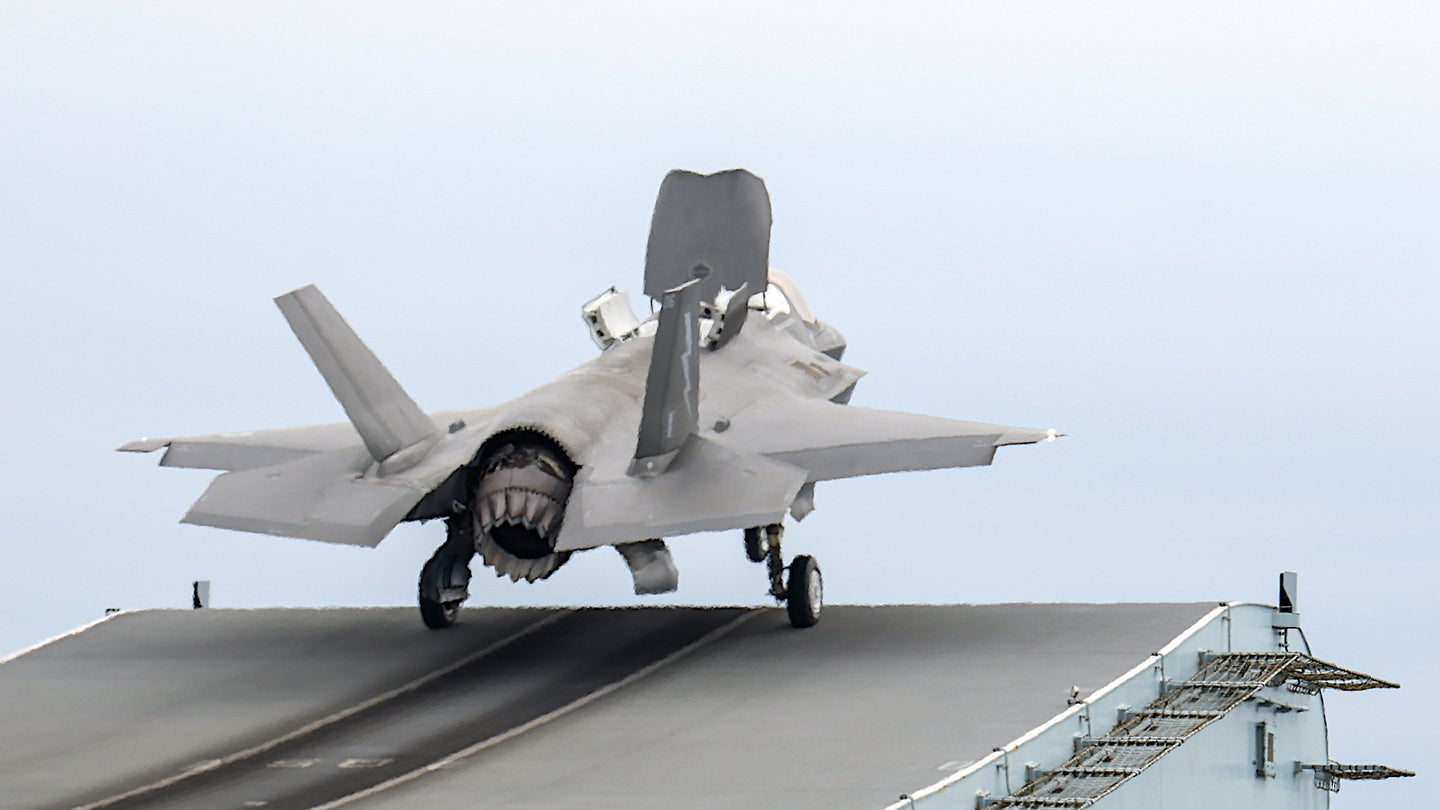 A British F-35B Joint Strike Fighter takes off from the aircraft carrier HMS Queen Elizabeth.