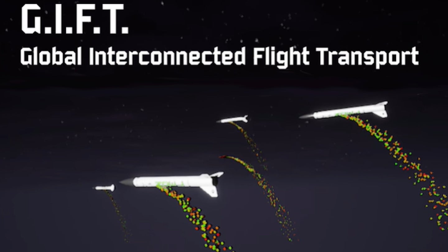 A screengrab from a computer-generated video the Air Force Research Laboratory released depicting a fictional Christmas-themed Global Interconnected Flight Transport system.
