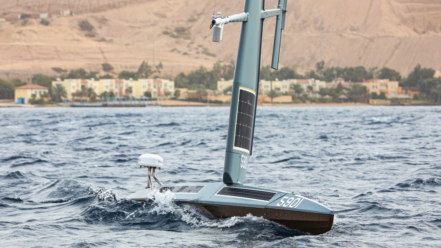 A US Navy Saildrone explorer unmanned surface vessel in the Gulf of Aqaba.